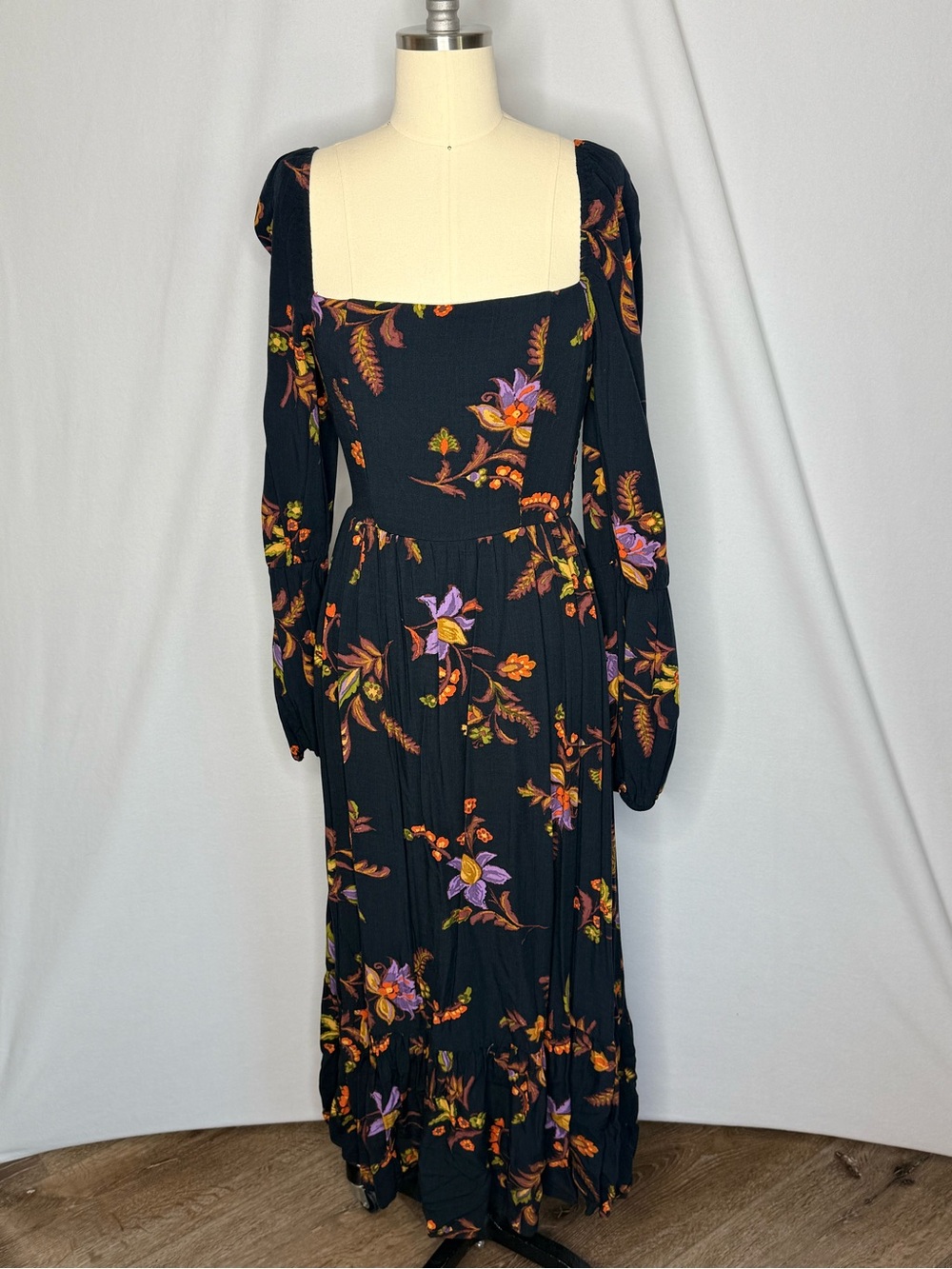 Floral Square-Neck Long Sleeve Maxi Dress - Black with Purple & Orange Floral